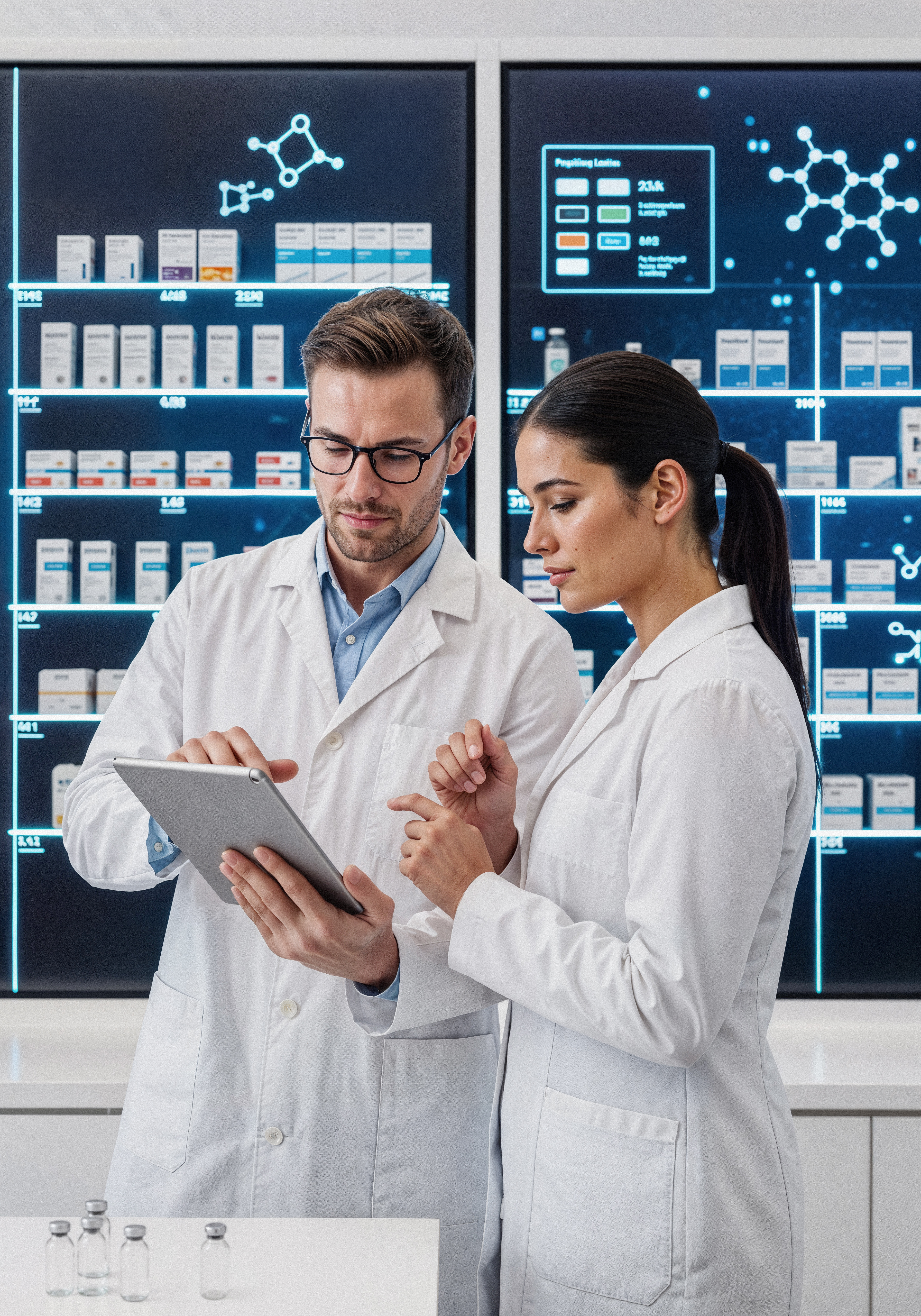 Medwisdom regulatory affairs team analyzing pharmaceutical data in laboratory